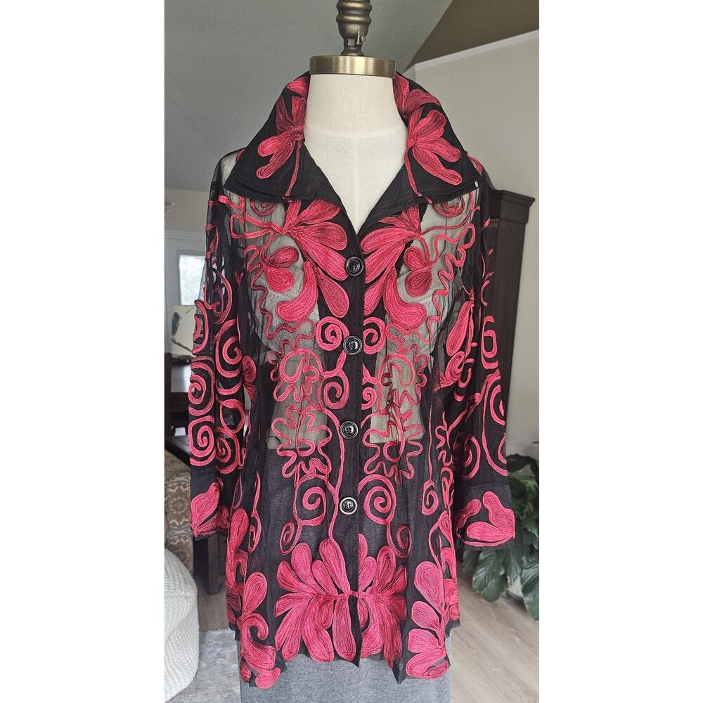 Parsley Sage Art To Wear Sheer Mesh Soutache Embroidered Button Tunic Top Red 1X